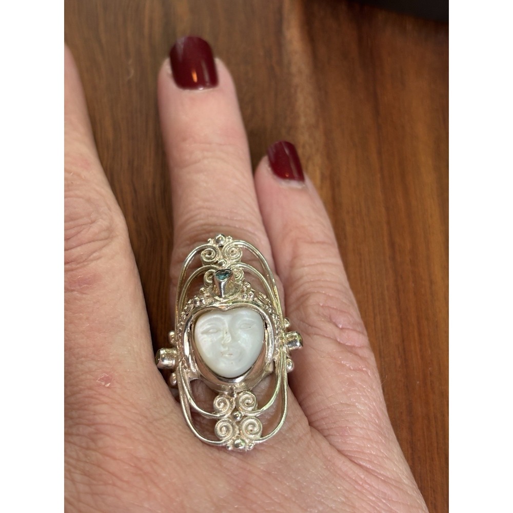 Sagen Mother Of Pearl Carved Goddess Blue Topaz Ring Sterling Silver Size 7.75 - Picture 9 of 11
